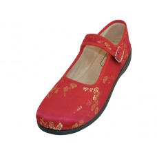 T2-113L-R - Wholesale Women's "Easy USA" Satin Brocade Plum Flower Upper Mary Jane Shoes (*Red Color)